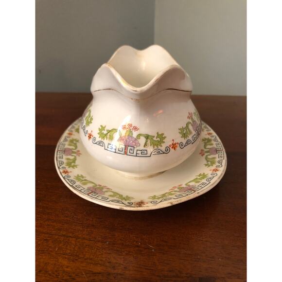 Vintage Edwin Knowles Greek Key Design China Gravy Boat with Underplate - Picture 5 of 5